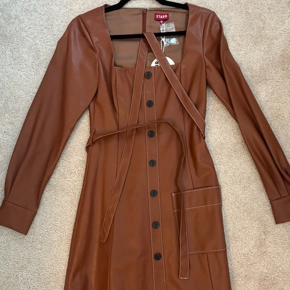 Staud Women's oz Faux Leather Belted Dress - Whiskey - Size Xs